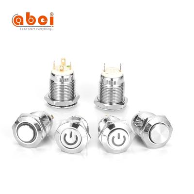 China Discount ABEI dia12 stainless/brass nickel plated led small light mechanical 12V switches on 12mm momentary waterproof push button switch for sale