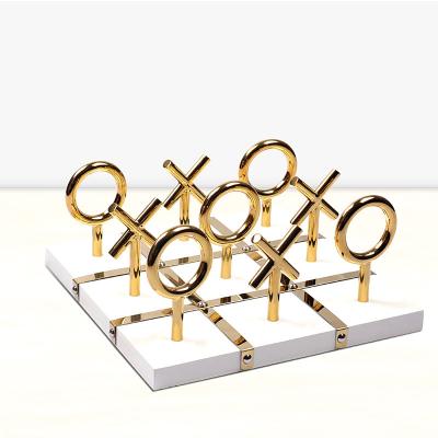 China stainless steel & White Metal Luxury Home Accessories White Metal Tic-TAC-Toe Chess Modern Wooden Board Game Decoration for sale