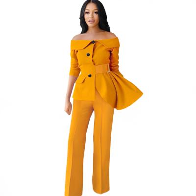 China Hot Selling Plus Size Solid Color QUICK DRY Two Piece Outfit Off Shoulder Women's Two Piece Tuxedo Long Sleeve Office for sale