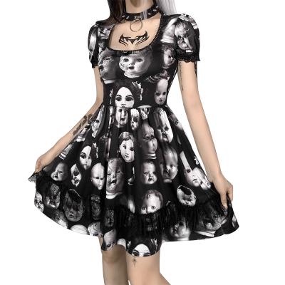 China 2021 Gothic Skull Halloween Anti-Static Color Contrast Sleeve Shorts Ladies Dress Casual Outfits For Women for sale