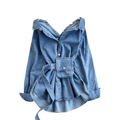 China 2021New Design Breathable High Waist Long Sleeve Patchwork Bag Causal Denim Blouses Women for sale