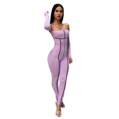 China New Solid Color Women's Anti-Pilling Overalls Quilted Jumpsuit Rompers Long Sleeve Purple Stripe Off Shoulder for sale