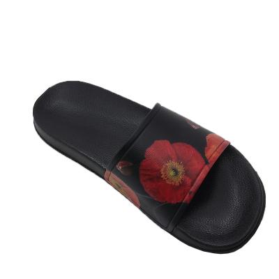 China Fashion trend red flowers image printing black PVC upper girls style beautiful fashionable outdoor slippers for sale