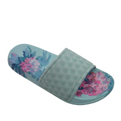 China Fashion trend wholesale rose flower heat transfer printing green midsole EVA outsole ladies slides slippers for sale