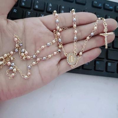 China TRENDY Religious Catholic Gold Plated Chain Jesus Cross Pendant Rosary Necklace rosario jewelry 14k 18k for sale