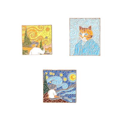 China New European and American creative Van Gogh star brooch alloy oil painting anti-glare geometric pattern modeling paint badge spot wholesale for sale