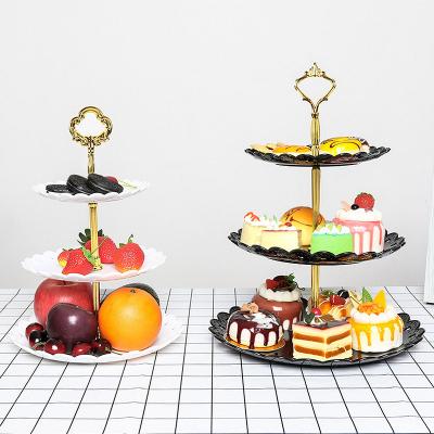 China 3 Tier Viable Black Gold Plastic Dessert Pastry Cake Stand Cupcake Stand Holder Serving Tray For Party Wedding Home Decor for sale