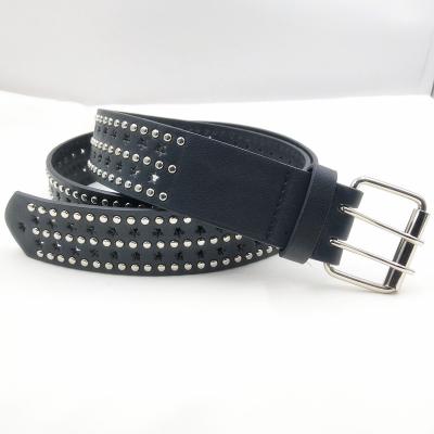 China All-match Double Row Square Pin Buckle Hip Hop Fashion Style Ladies Casual Punk Belt Rivet Hole Decoration Double Row Round Square Pin Buckle Leather Belt for sale