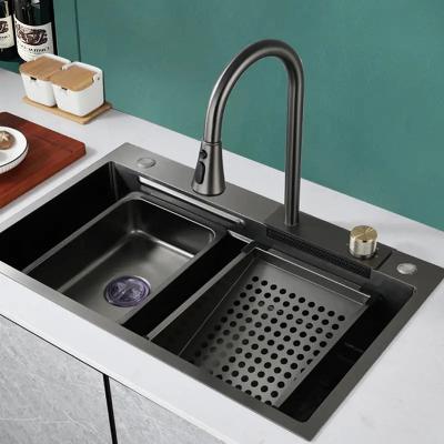 China With Faucet Metal Popular Gun Gray 304 Stainless Steel Handmade Kitchen Sink Sets With Flying Rainfall Waterfall Faucet for sale