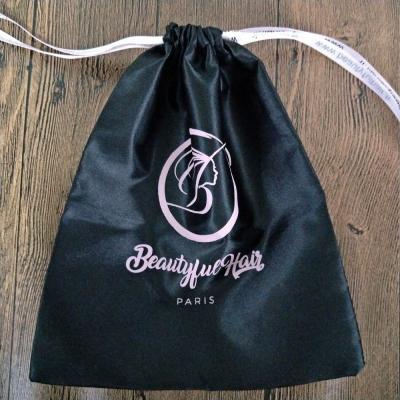 China Custom Recyclable Luxury Black Thick Silk Drawstring Package Dust Hair Extension Bag With Logo Printing for sale