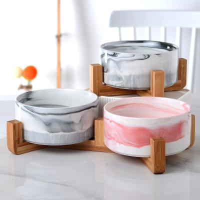 China Factory Direct Sales Viable Ceramic Dog Bowl Marbling Dog Cat Food And Water Ceramic Bowl With Wooden Frame Stand for sale