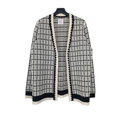 China Anti-wrinkle Cotton Knitwear Women's Plaid Retro V-Neck Long Sleeve Sweater Cardigan Tops for sale