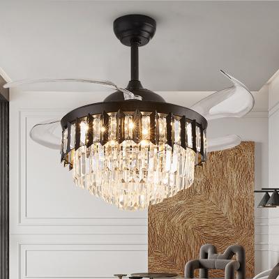 China Designer Decorative Retractable Chandelier Modern Vintage Bedroom Copper Crystal Ceiling Light Remote Control Led Ceiling Fans for sale