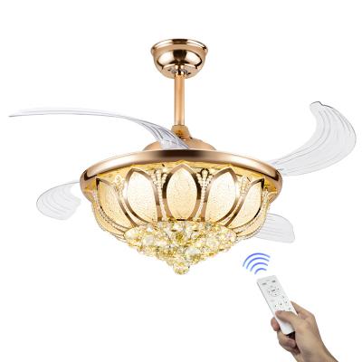 China Modern 42Inch Living Room Decor Gold Chandelier Ceiling Fan Crystal 3 Blades Modern Luxury Crystal Retractable Gold Chandelier for sale