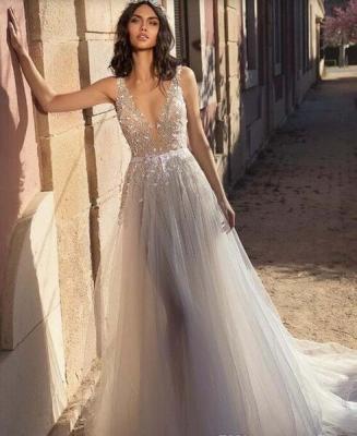 China Backless Wedding Dresses ZH2552Q 2022 V Neck Strap Boho Wedding Gowns Illusion Lace Applique Tulle Breathable Deep Sequined Field Train for sale