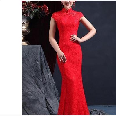 China ZH1534X High Neck Mermaid Cheongsam Lace Wedding Dress Red Back Wedding Dress Floor Length Breathable Sleeveless Chinese Zipper for sale