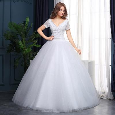 China New Model ZH1211L 2018 Breathable Handmade Short Sleeve Deep V Wedding Dress Maxi Design Dress For Bridal for sale