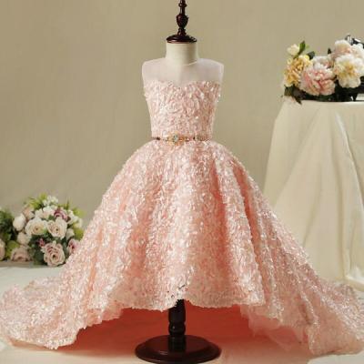 China ZH2186Q 2019 Breathable High-Low Cute Pink Lace Sheer O-neck Bridesmaids Dresses Jewel With 3D Sash Flower Applique Kids Pageant Dress for sale