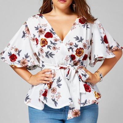 China ZH2741G Women's Breathable Blouse Plus Size V Neck Floral Print Rocket Peplum Sexy Sleeve Belted Surplice Tops Blouses blusas feminina 2018 for sale