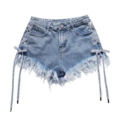 China ZH0967E Fashion Bandage Women Denim Hot Pants Breathable Summer Customized Side Cross Fringed Shorts for sale