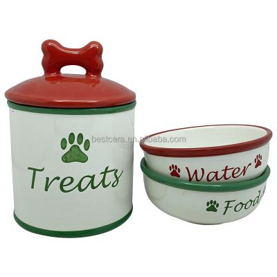 China Sustainable Cute Patterns Ceramic Pet Bowl Set Of 2 With Treat Pot Easy To Clean Dog Bowl Water Food Feeding Feeder For Dogs Cats for sale