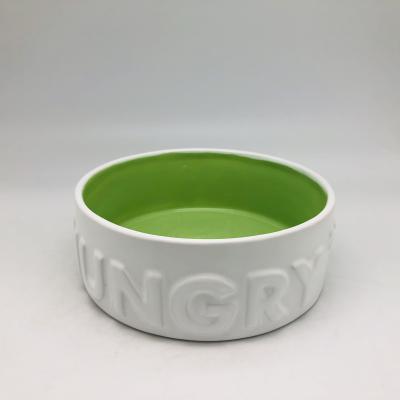 China hungry&thirsty ceramic bowl personalized porcelain dog bowls cheap viable white ceramic pet bowl print pet bowl wholesale for sale