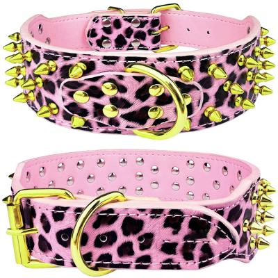 China Custom Leather Rivet Leather Spike Studded Pet Collars PU Dog Collar Adjustable Stud Rivet Leopard Custom for sale