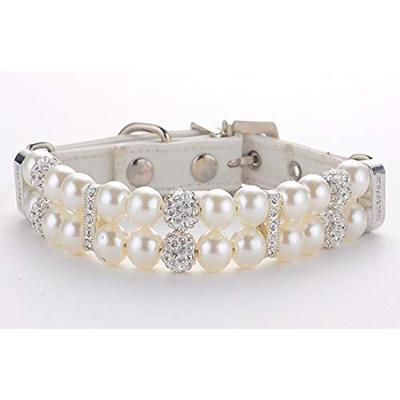 China Wholesale Custom Pearl Dog Collars with Crystal Rhinestone Diamond,Adjustable Size Cute Pet Collars PU Leather Collar for Small Dog for sale