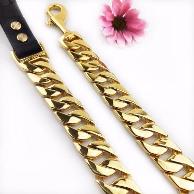 China 11mm 19mm 32mm Gold Chain 18K Gold Metal Quick Release BullyDog Cuban Link Lead Dog Collar and Chain Leash Customized for sale