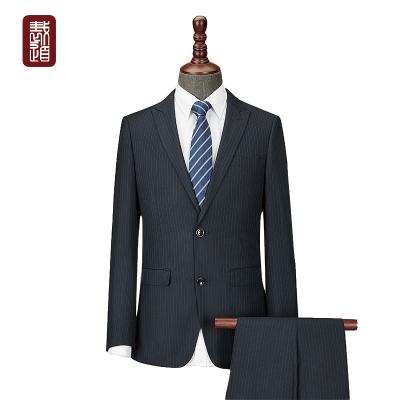 China Anti-Shrink Mens Lapel Peaked Flap Pockets Suits Blue Striped Navy for sale