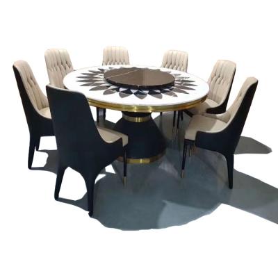 China Modern Light Luxury White Black Round Marble Stainless Steel Designs Home Hotel Dining Table Set for sale