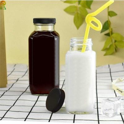 China Wholesale Juice Packing Square Milk Bottle 8oz 12oz 14oz 32oz Glass Bottle For Dairy Milk With Plastic Lid for sale