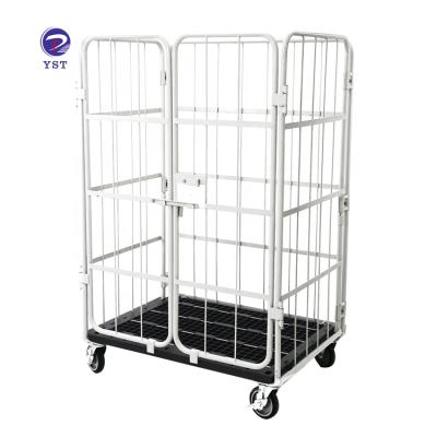 China Warehouse 4 Sided Stackable Collapsible Industrial Storage Wire Mesh Roll Container With Plastic Base for sale