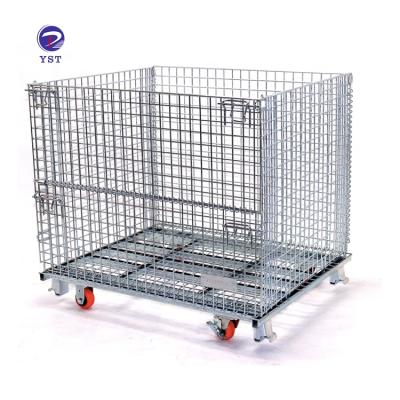 China Durable Warehouse Logistic Storage Galvanized Collapsible Steel Wire Mesh Container With Wheels for sale