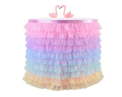 China Washable Rainbow Tulle Table Skirt 6FT Tutu Table Wear For Wedding Birthday Party Unicorn Rectangle Decoration Round Table Skirts for sale