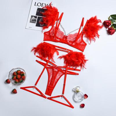 China 2020 quality lace feather lace underwear chain underwear popular high-end complex process sexy eyelash sexy lingerie three-piece set for sale