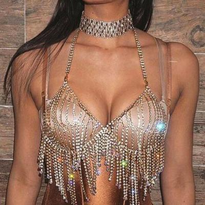 China FASHIONABLE Europe and the United States beach sexy diamond fringe chest chain bikini chain rhinestone underwear multilayer bra for sale