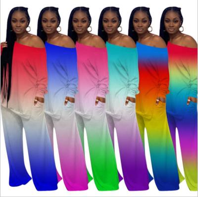 China Hot Selling QUICK DRY Single Top And Shoulder Rainbow Gradient Color Bodycon Pants Casual Plus Size Women Two Piece Set Clothing for sale