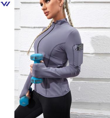 China Breathable Nylon Spandex Women's Breathable Jacket Thumb Holes Yoga Running Sports Jacket With Phone Pocket for sale