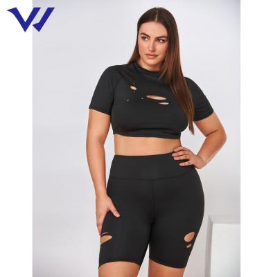 China Breathable Plus Solid Sports Cut Out Tee And Biker Shorts Sexy Wholesale Breathable Print Plus Size Yoga Suit Sportswear for sale