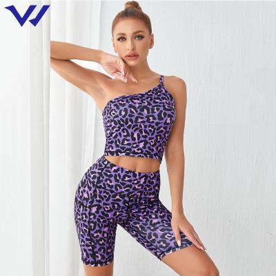 China One-shoulder summer leopard print sports sleeveless purple yog short-sleeved elastic super female tight-fitting oblique breathable shoulder for sale