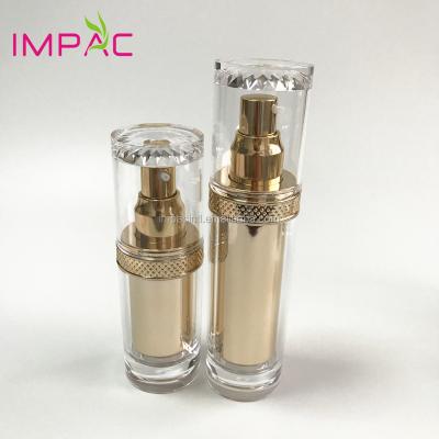 China Cosmetic luxury 50ml crystal clear gold acrylic cosmetic bottle with pump dispenser for sale