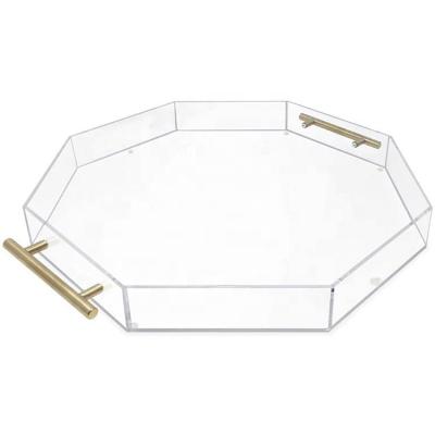 China Luxury Clear Acrylic Octagon Trays Acrylic Serving Tray With Gold Metal Handles Tray Set Serving for sale