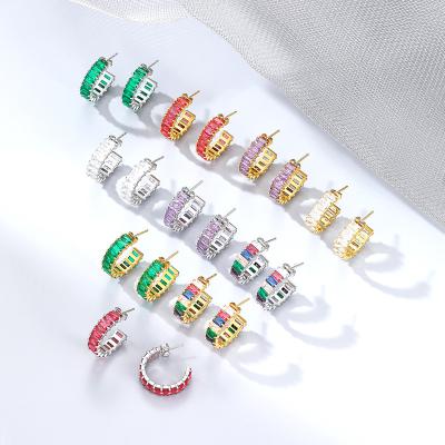 China wholesale eco-friendly fashion jewelry bling in stock colorful stainless steel baguette zircon rainbow earrings for sale