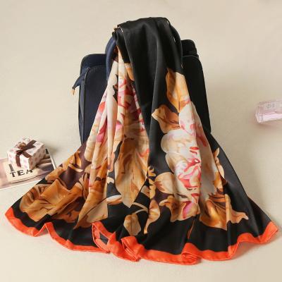 China Polyester Flower Print Elegant Women Beach Square Polyester Scarf Shawl for sale