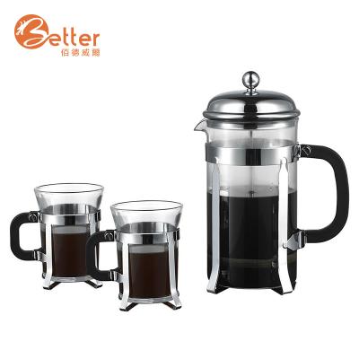 China Sustainable Borosilicate Press Hot Clear Glass French Coffee Set With 4 Pieces Mug And Teapot for sale