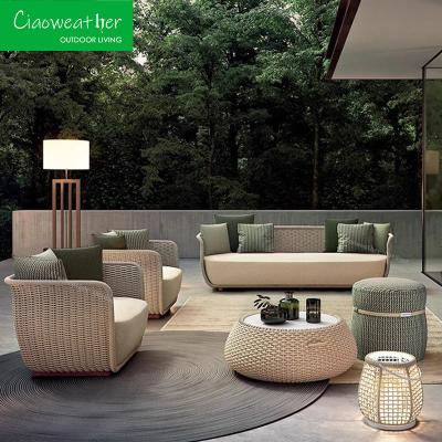 China Garden Furniture Woven Sofa Set Villa Modern Hotel Waterproof Fabric Aluminum Frame 2 Sets Lounge Sets Outside for sale