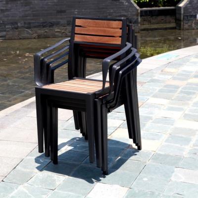 China Outdoor Furniture Modern Design Style Aluminum Frame Stackable Arm Chair Wooden Garden Chair for sale