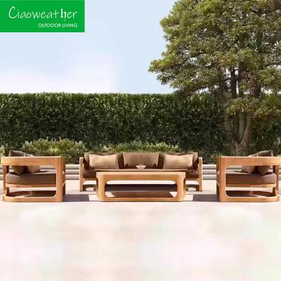 China Water-resistant Fabric Cushion Excellent Natual Teak Outdoor Sofa Set Teak Outdoor Furniture Waterproof Sun Patio Set for sale