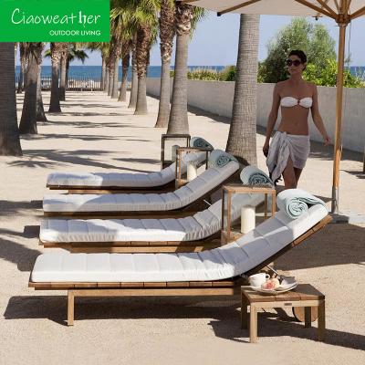 China Modern Design Outdoor Furniture Garden Swimming Hotel Bed with Luxury Wood Folding Chaise Lounge Chair and Waterproof Cushion for sale